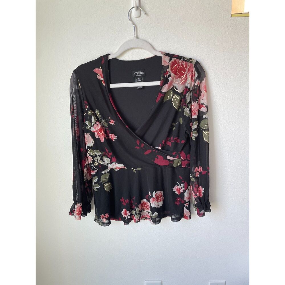 Whimsygoth sheer mesh floral top XL Stitch Collection faux wrap blouse